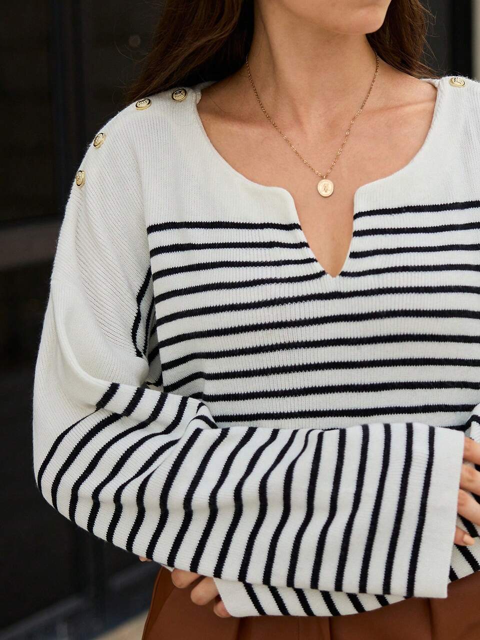 Striped Pattern Notched Neckline Drop Shoulder Sweater Winter Casual