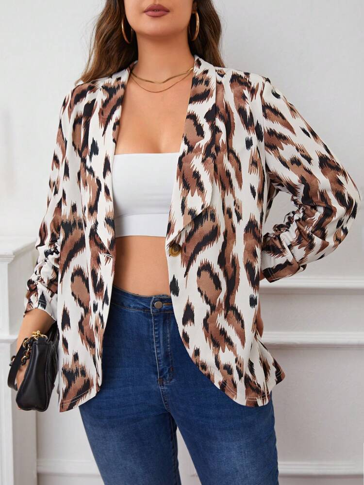 Plus Allover Print Shawl Collar Blazer