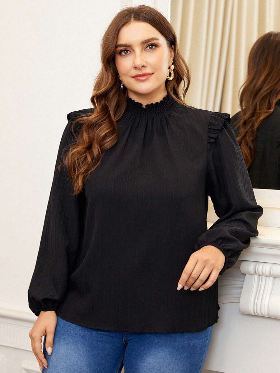 SHEIN Franclia 大碼褶邊燈籠袖襯衫 - 黑色 - 查看 1