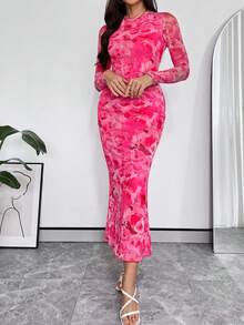 SHEIN Privé Của phụ nữ Vòng cổ In Hoa Thon gọn Lưới Đầm - Nhiều màu - Xem 5