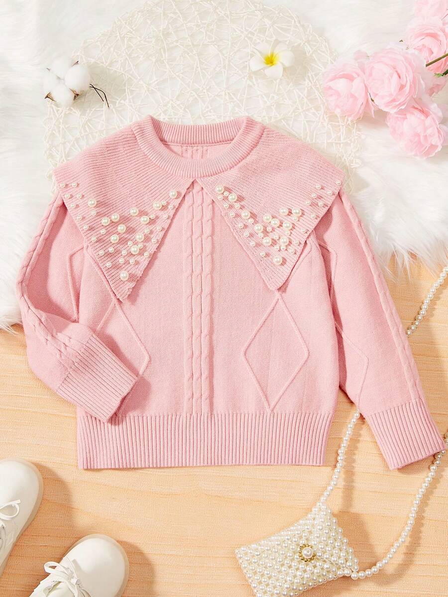 SHEIN Young Girl Statement Collar Pearls Beaded Cable Knit Sweater - Dusty Pink - View 1