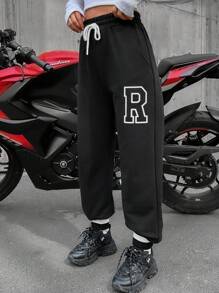 EURMUSE Letter Graphic Drawstring Waist Sweatpants - Black - View 4