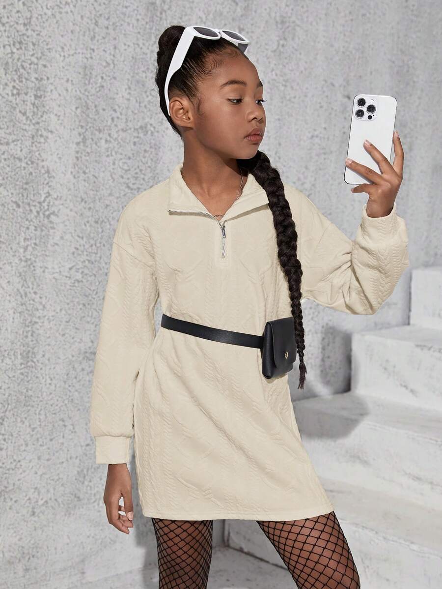 SHEIN Tween Girl Zipper Front Drop Shoulder Dress Without Belt Bag - Beige - View 1