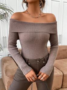 SHEIN EZwear Women's Off Shoulder Ribbed Sweater - Brown - View 5