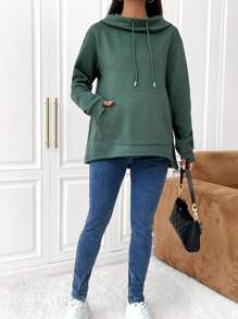 SHEIN Áo nỉ bầu có túi kangaroo và dây rút, thích hợp cho mùa đông. - Màu xanh Ô liu - Xem 5