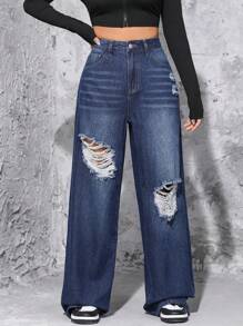 SHEIN Ripped Wide Leg Jeans - Dark Wash - View 1