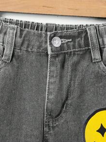 Tween Girl Expression Print Ripped Straight Leg Jeans - Black - View 7