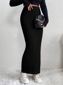 SHEIN LUNE Solid Ribbed Knit Sweater Skirt - Black - View 1