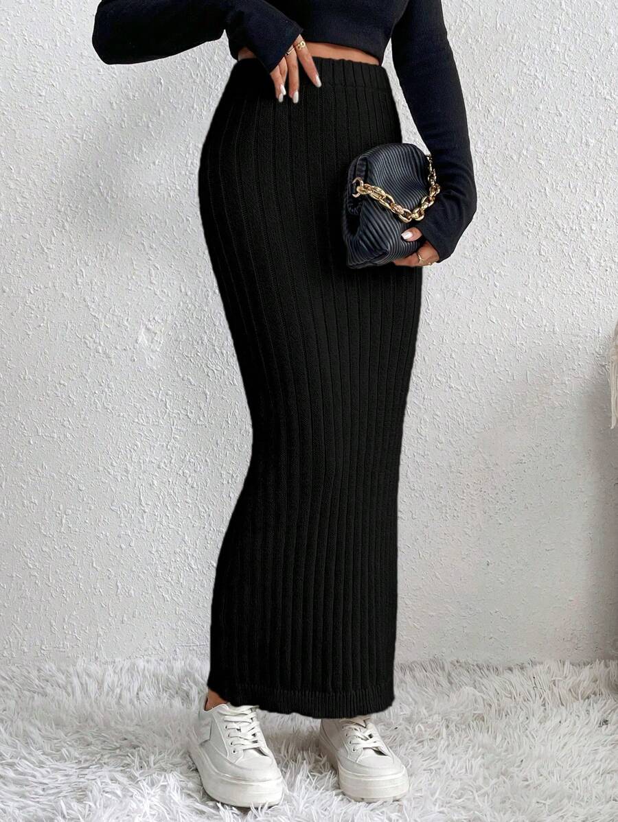 SHEIN LUNE Solid Ribbed Knit Sweater Skirt - Black - View 1