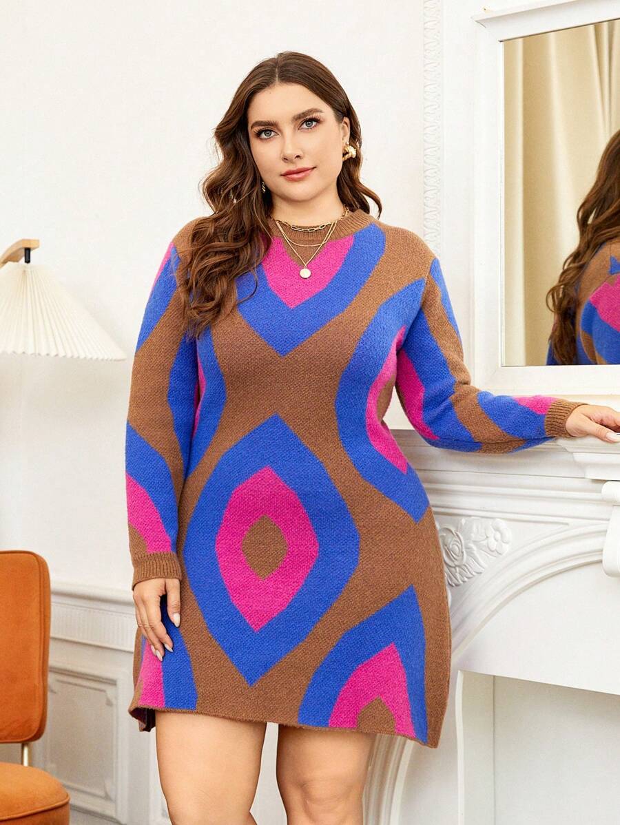 Flirla Plus Geo Pattern Sweater Dress - Multicolor - View 1