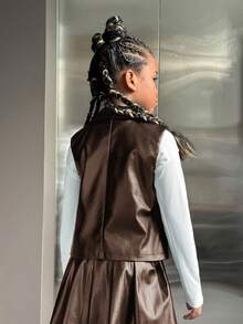 SHEIN 女大童1入組前拉鍊PU皮革夾克背心 - 棕色 - 查看 2