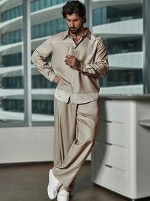 Manfinity Homme Hombres talla grande Camisa unicolor con botón con pantalones - Caqui - Ver 1