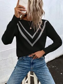 SHEIN LUNE 鋸齒圖案落肩袖套頭毛衣 - 黑色 - 查看 4