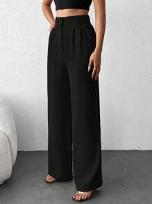 EURMUSE Solid Slant Pocket Wide Leg Suit Pants - Black - View 5