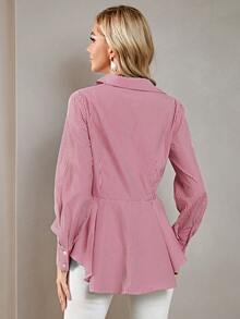 SHEIN BIZwear Striped Print Ruffle Hem Button Front Shirt - Red - View 2