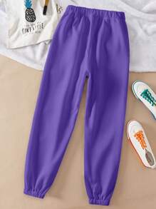 SHEIN EZwear 素色腰部抽繩衛褲 - 紫色 - 查看 2