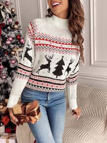 SHEIN Frenchy Christmas Elk & Geo Pattern Turtleneck Raglan Sleeve Sweater Winter Casual - Multicolor - View 5