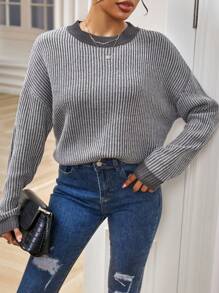 SHEIN Essnce Jersey ribete en contraste de hombros caídos - Gris - Ver 1