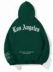 Manfinity Homme Lỏng lẻo phù hợp Nam Hoodie Với Đồ họa Khẩu hiệu Và Thả vai Thiết kế - Màu xanh lá cây đậm - Xem 4