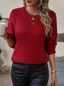 女士针织休闲通勤毛衣，菱形图案，圣诞新年时尚圆领长袖宽松上衣，适合秋冬季、返校季、秋季穿搭 - 紅色 - 查看 5