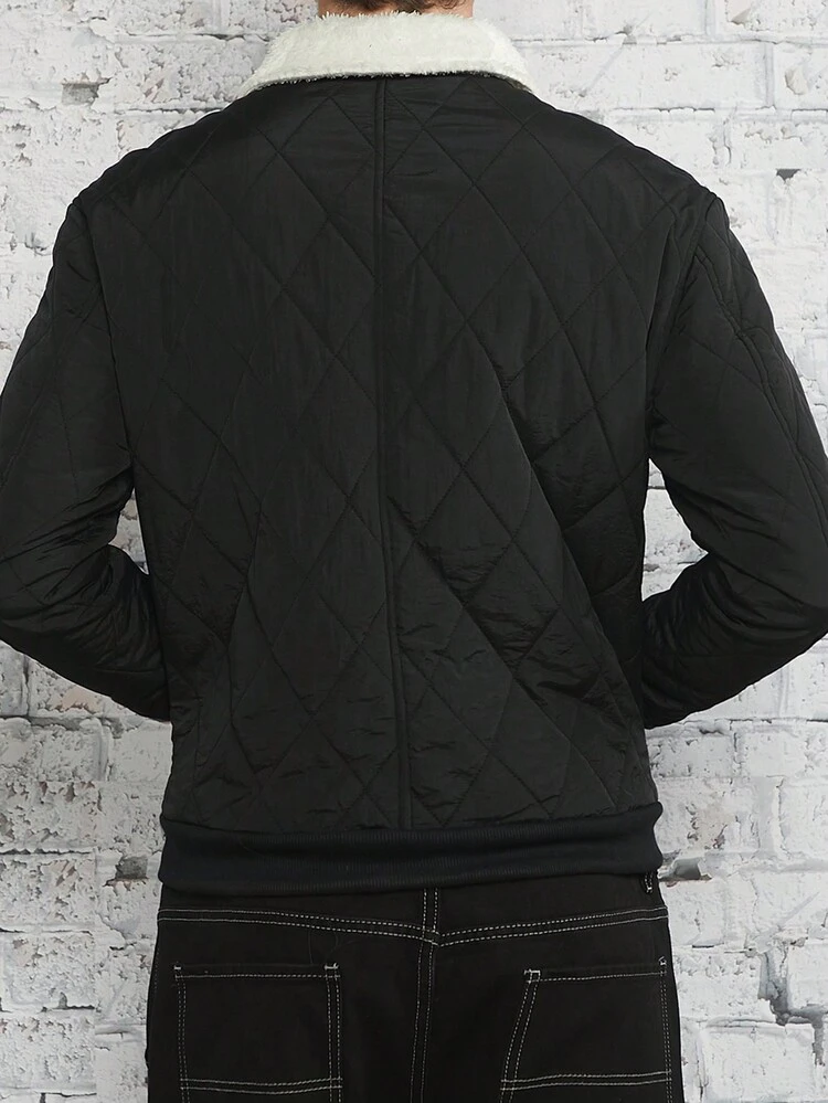 Loose Fit Men's Borg Collar Zip-Up Quilted Coat, For Fall Winter