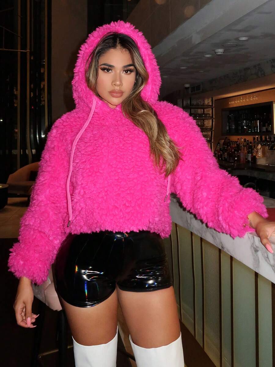 SHEIN SXY Sudadera Con Capucha Esponjosa Con Cordón Y Hombro Caído Para Fiesta - Rosa Fucsia - Ver 1