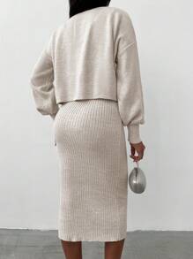 EURMUSE Mock Neck Drop Shoulder Sweater & Knit Skirt - Beige - View 2