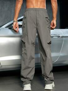 Hombres Pantalones calle con bolsillo con cremallera lado de cintura con cordón con diseño fruncido cargo otoño - Gris - Ver 2