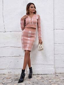 SHEIN Clasi Plaid Pattern Button Front Crop Cardigan - Pink - View 3