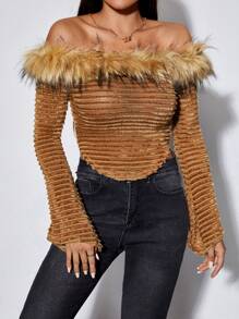 SHEIN PETITE Off Shoulder Trang trí Fuzzy Áo thun - Lạc đà - Xem 7