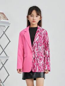 SHEIN 女大童1入組亮片拼接印花翻蓋細節西裝領外套 - 玫紅色 - 查看 6