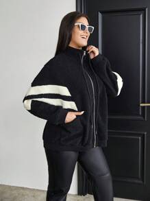 SHEIN Essnce Plus Chevron Pattern Drop Shoulder Drawstring Teddy Coat - Black - View 7