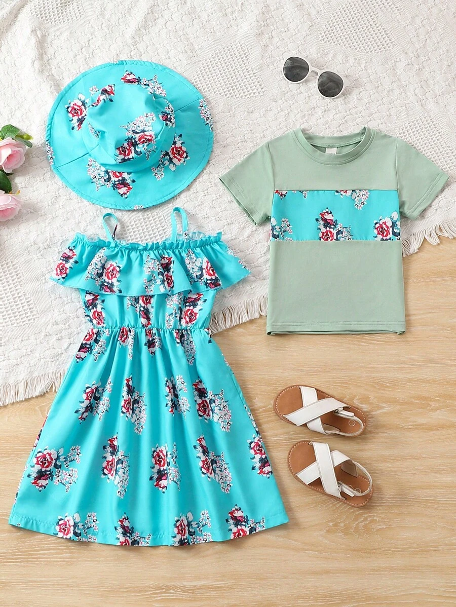 SHEIN Cô Gái Trẻ In hoa Viền Ruffle Đầm & Áo thun & Mũ - Nhiều màu - Xem 1
