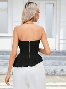 SHEIN Privé Floral Appliques Pleated Asymmetrical Hem Tube Top - Black - View 2