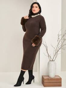 Modelyn Plus Fuzzy Cuff Sweater Dress - Coffee Brown - View 3