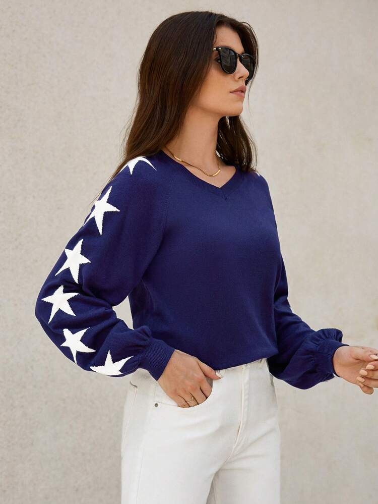Women's Relaxed Fit Drop Shoulder Sweater With Star Pattern Winter Casual