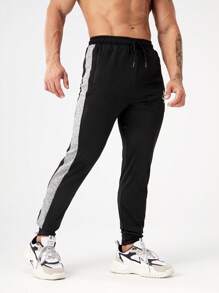 Manfinity Fitness Men Crown & Letter Graphic Contrast Side Seam Drawstring Waist Sports Trousers - Black - View 3