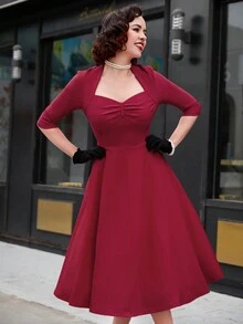 MUXXN Heart Neckline Ruched Bust Flare Hem Dress - Rose Red - View 4