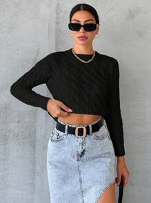 EURMUSE Solid Drop Shoulder Crop Sweater - Black - View 3