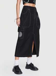 ROMWE Fairycore 頂針側翻蓋口袋工裝裙