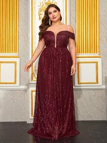 YISIKADO Plus Off Shoulder Mesh Insert Sequin Formal Dress - Burgundy - View 6