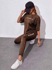 Cottnline Letter Graphic Drop Shoulder Tee & Sweatpants - Khaki - View 3