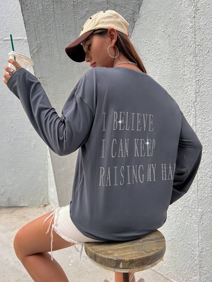 SHEIN Unity 水鑽標語圖案落肩T恤 - 灰色 - 查看 1