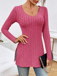 SHEIN Essnce Chất rắn Viền chia cắt Đồ đan Ribbed Áo thun - Màu Hồng Tươi - Xem 3