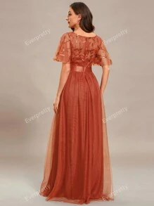 Flutter Sleeve Floral Sequin Dress Mesh Prom Formal Dress For Dinner Elegant Evening Dress Bridesmaid Dress For Wedding