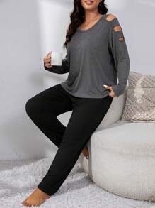 大碼鏤空插肩袖睡衣套裝 - 彩色 - 查看 4