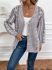 SHEIN LUNE Cable Knit Drop Shoulder Cardigan - Multicolor - View 6