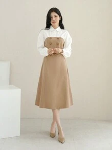 DAZY 雙色燈籠袖假兩件洋裝附腰帶 - 卡其色 - 查看 6