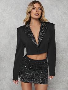 SHEIN BAE Rhinestone Chi tiết Nút đơn Crop Blazer - màu đen - Xem 5