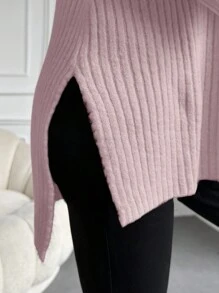 EURMUSE Jersey cuello alto de hombros caídos bajo con abertura - Rosa - Ver 5